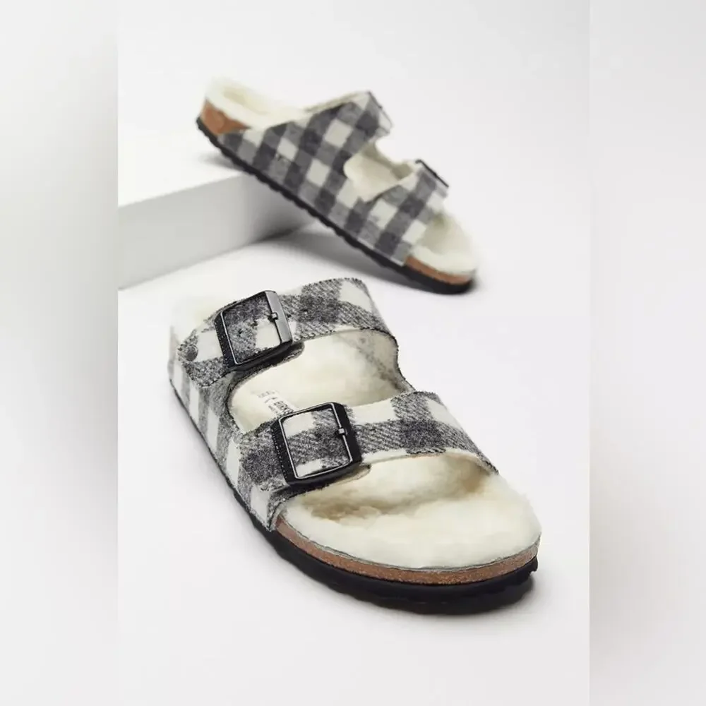 Birkenstock Mens Arizona Plaid Black White Double Strap Shearling Wool Sandal 11